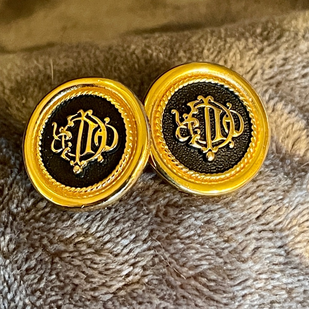 Preowned vintage Dior Monogram CD Logo Black Button Gold Tone Clip-on Earrings